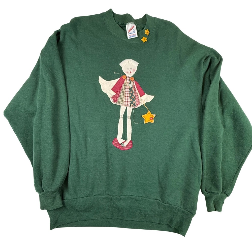 Jerzees Vintage Green Patchwork Angel Sweatshirt Womens Size Large Retro‎ 90s